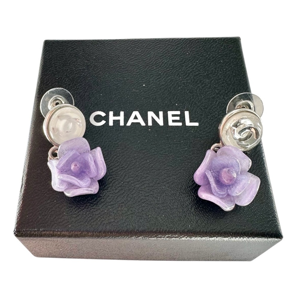 Chanel Purple Camellia Flower Silver Studded Earring Set with Box - Picture 12 of 15